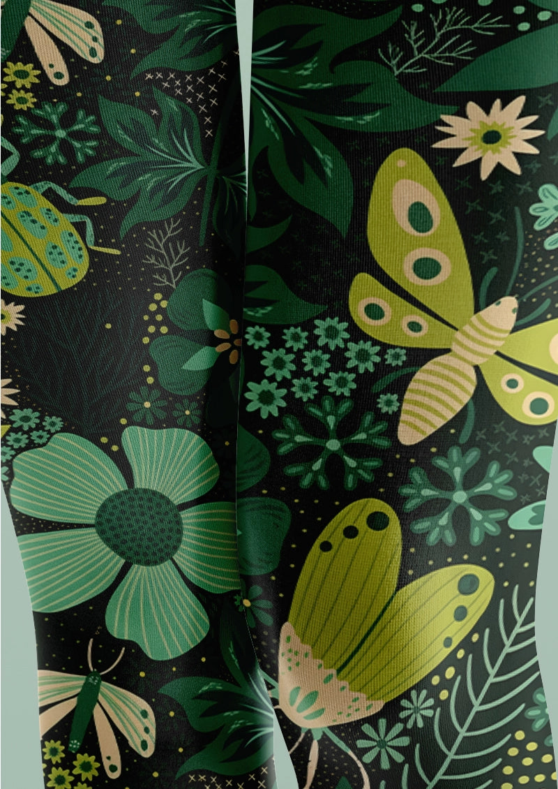 Botanical Moth and Floral Print Tights Hosiery Pantyhose