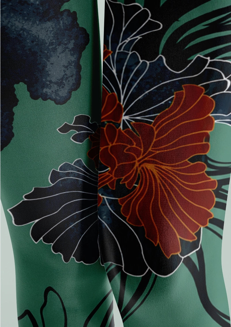 Green Botanical Floral Print Tights Hosiery Pantyhose