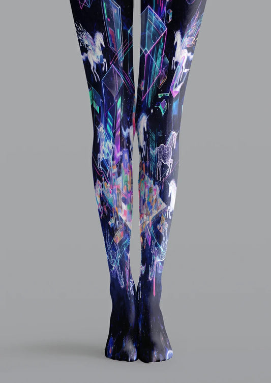 Navy printed tights with white and winged horses, wireframe-style horses, blue prisms and purple and pink outlines.