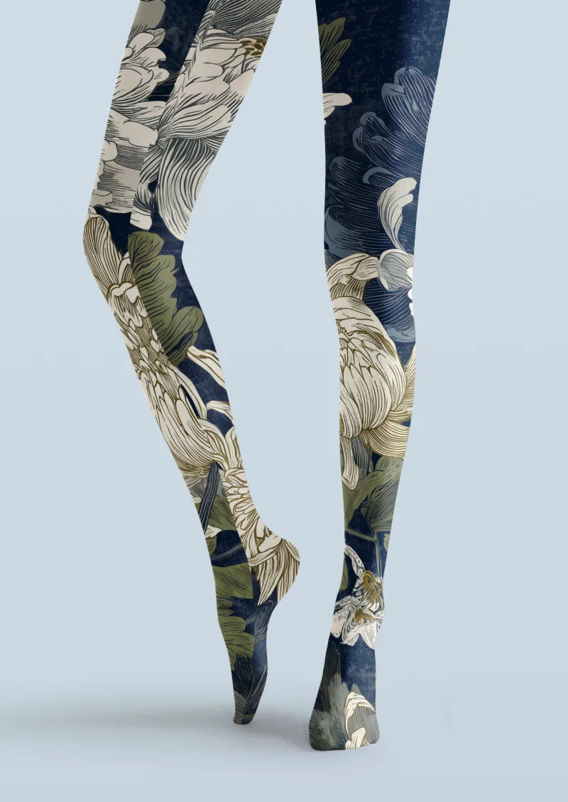 Navy Ivory Floral Tights