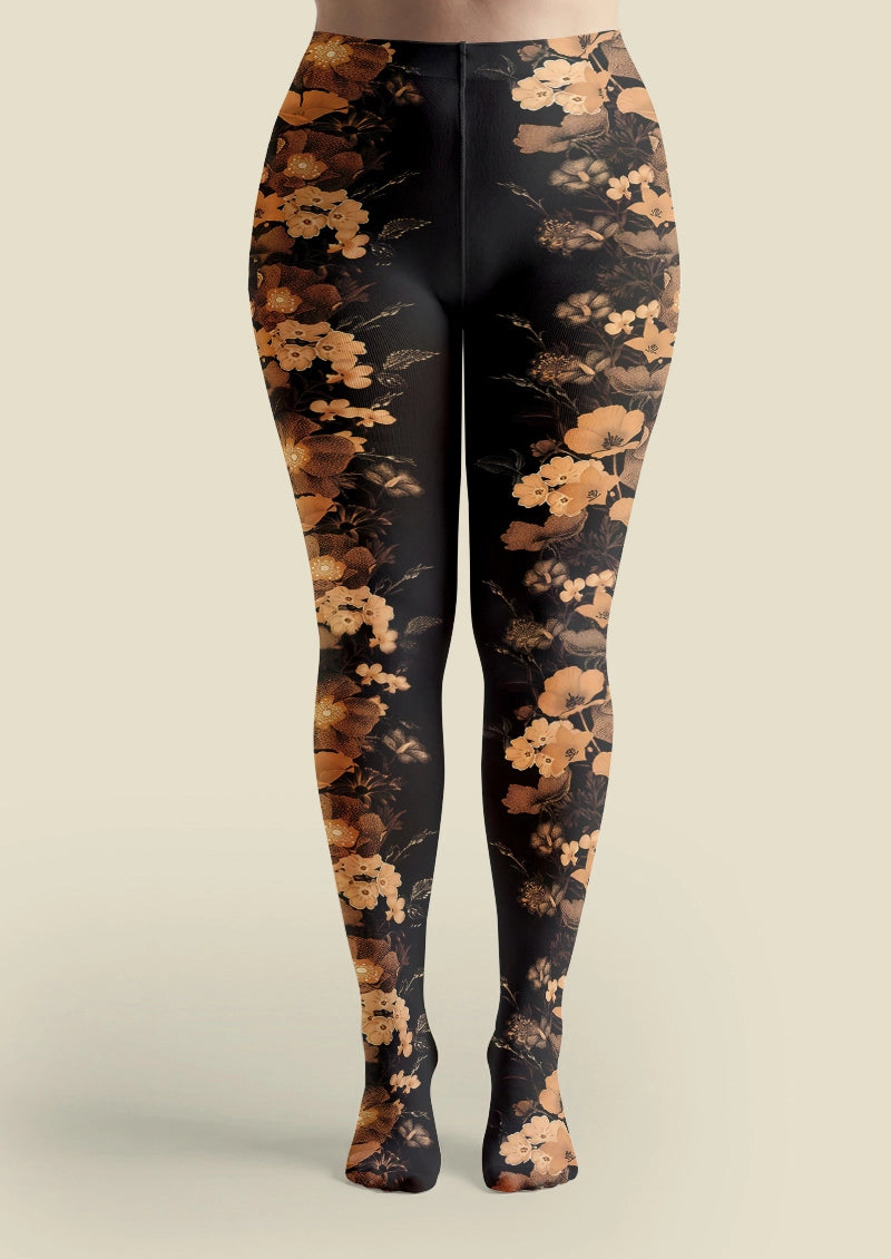 Golden-Brown Vintage Botanical Floral Print Tights Hosiery Pantyhose
