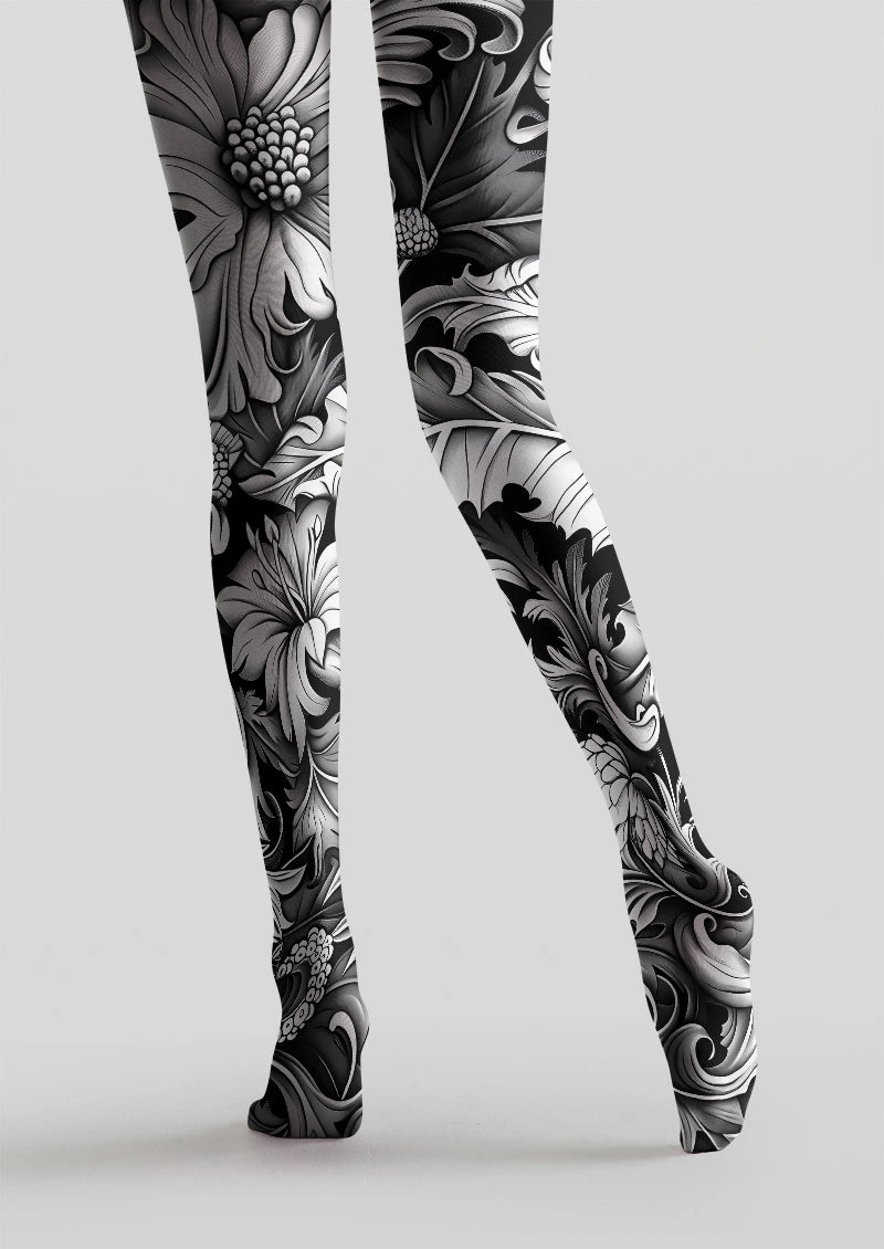 Monochrome Tattoo Floral Print Tights Hosiery Pantyhose