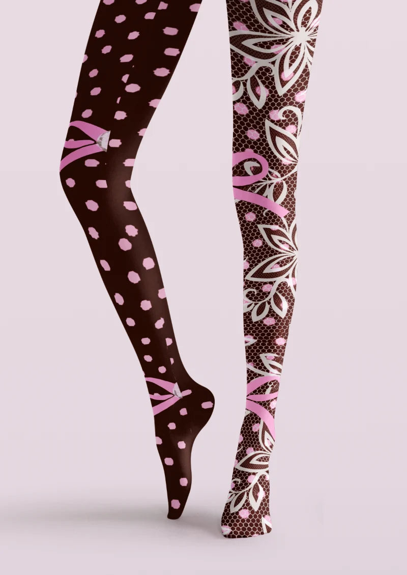 Brown Pink Floral Bow Tights