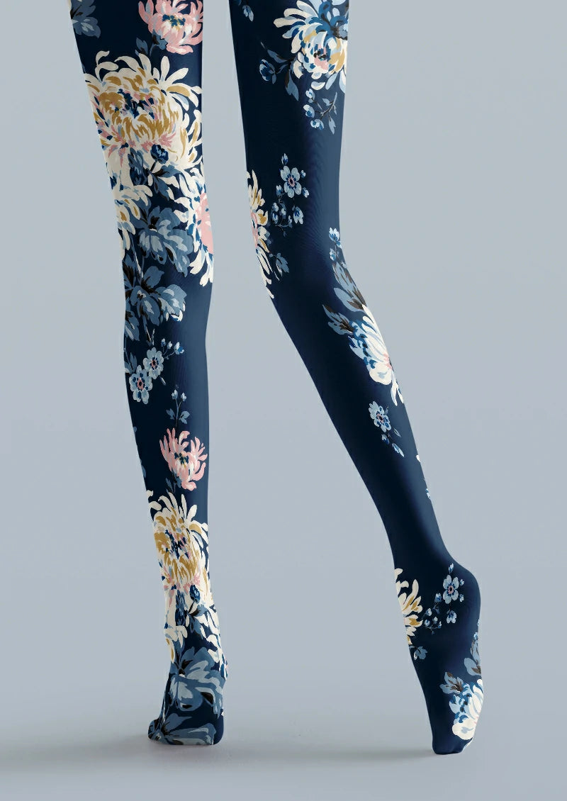 Navy Garden Floral Tights Hosiery Pantyhose