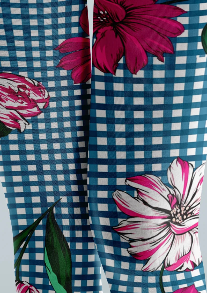 Blue Pink Floral Gingham Tights