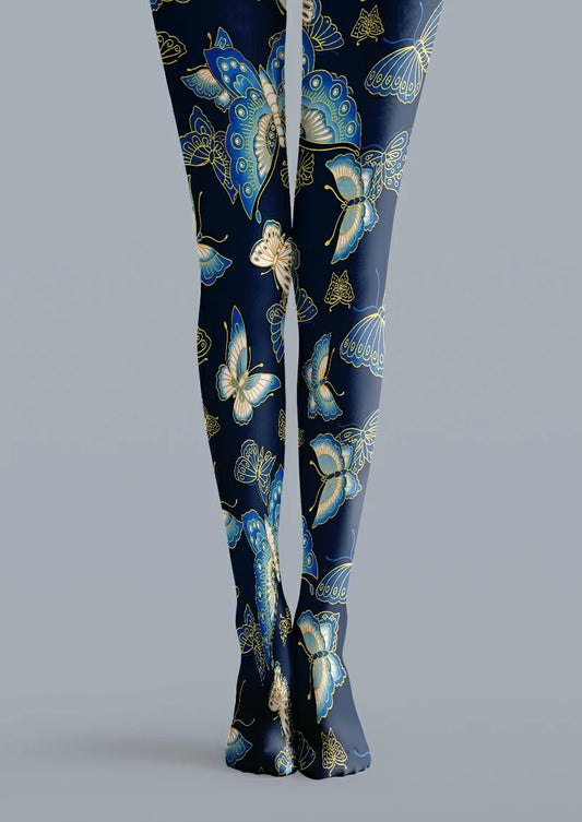 Navy printed tights with butterflies in varying sizes, blue wing details and yellow outlines.