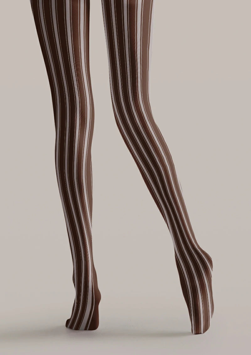 Brown printed tights with fine gray vertical stripes in varied widths and spacing along both legs and feet.