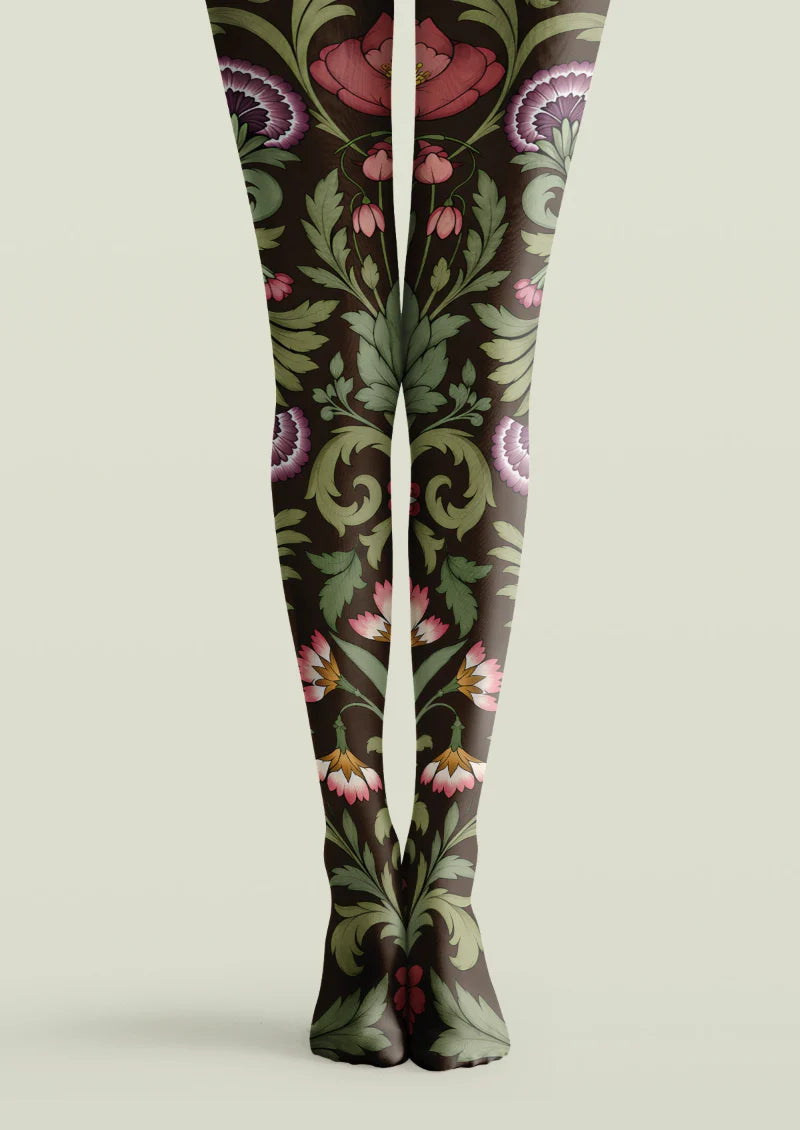 Brown printed tights with pink flowers, green leaves, and ornate botanical motifs.