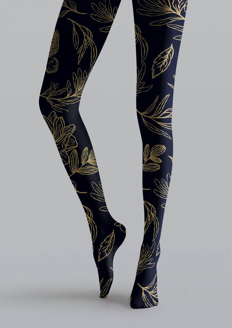 Luxury Gold Line Botanical Floral Pattern Tights Hosiery Pantyhose