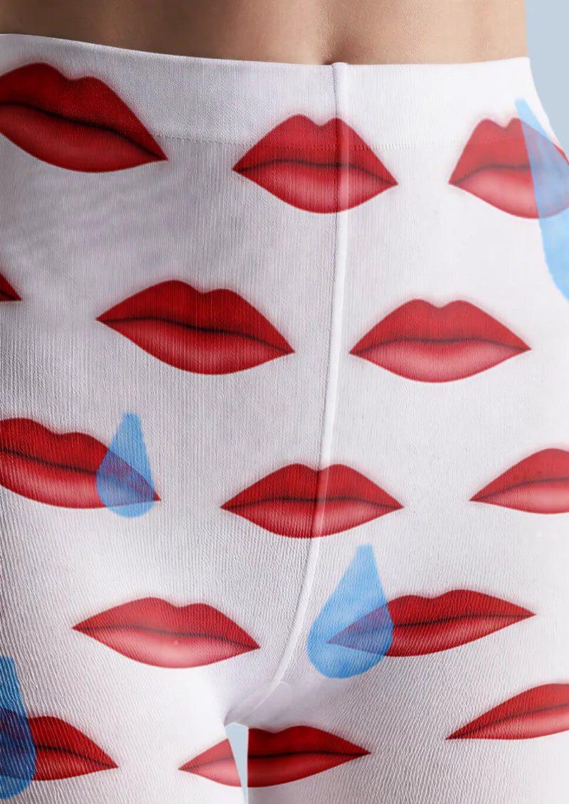 White Red Lip Print Tights