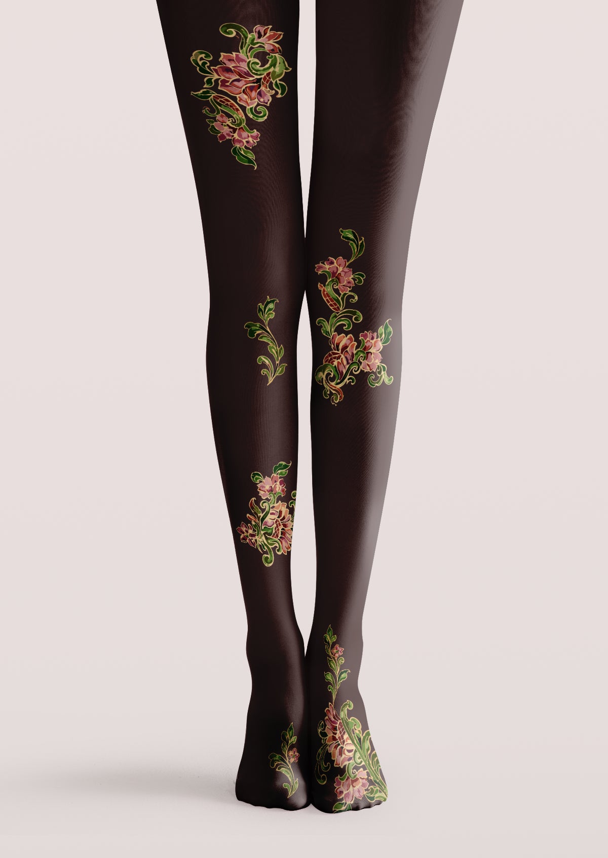 Dark brown printed tights with scattered pink floral bouquets, curling green leaves, and orange accents on both legs.