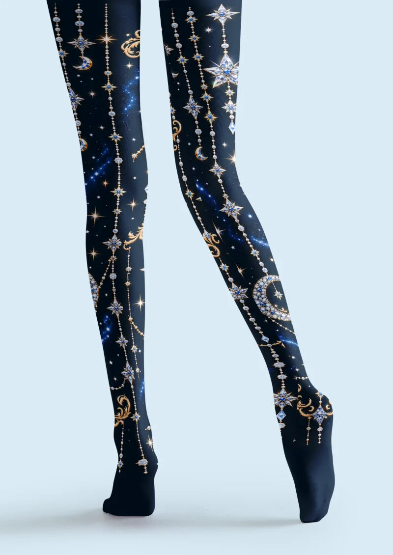 Navy tights with blue and white jewel stars, crescent moons, golden scrollwork, and printed bead chains.