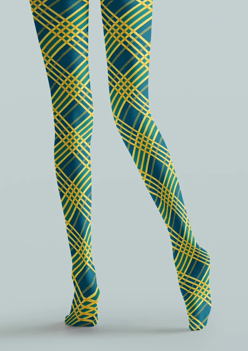 Blue printed tights with intersecting yellow diagonal lines forming an allover plaid pattern