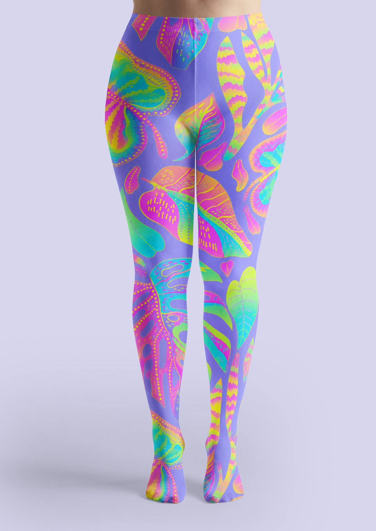 Neon Tropical Leaf Print Tights Hosiery Pantyhose