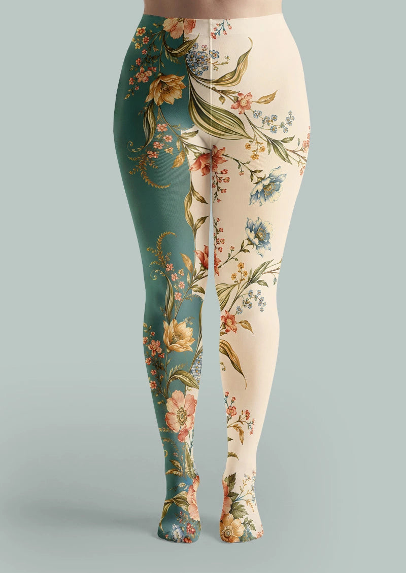 Asymmetric Retro Botanical Floral Print Tights Hosiery Pantyhose