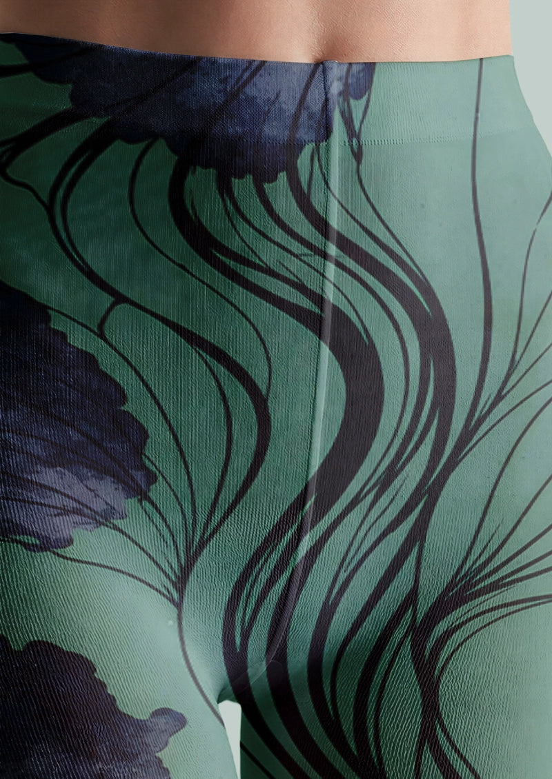 Green Botanical Floral Print Tights Hosiery Pantyhose