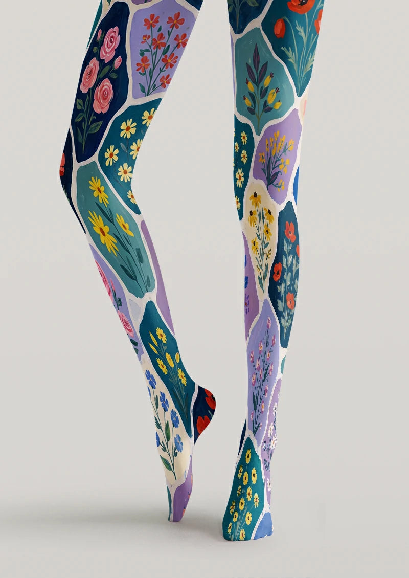 Blue Floral Patchwork Tights