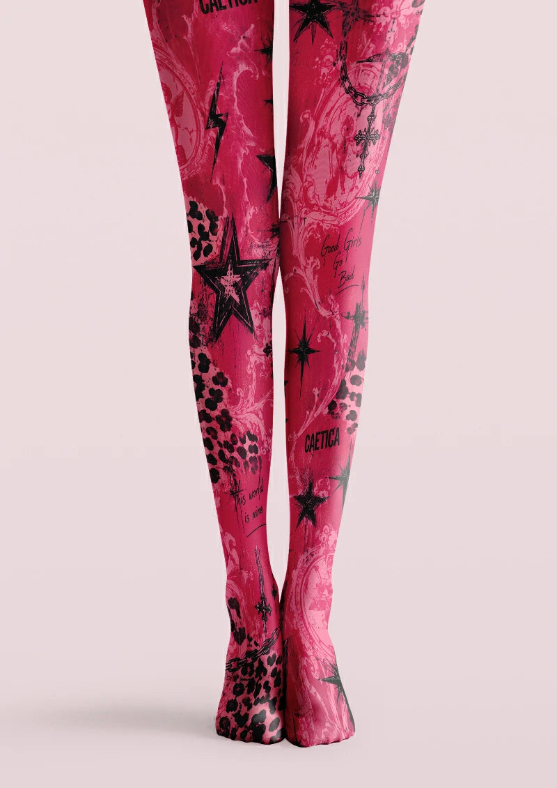 Pink tights with black star graphic pattern