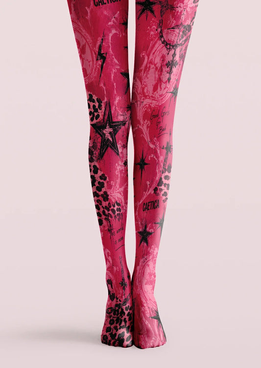 Pink tights with black star graphic pattern