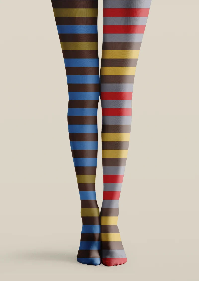 Multicolor printed tights with bold horizontal stripes in brown, blue, yellow, gray, and red across both legs