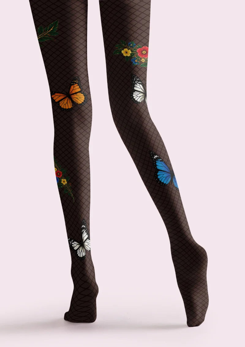 Black tights with orange, blue, and white butterflies, small flowers, green leaves, and a fine diamond grid
