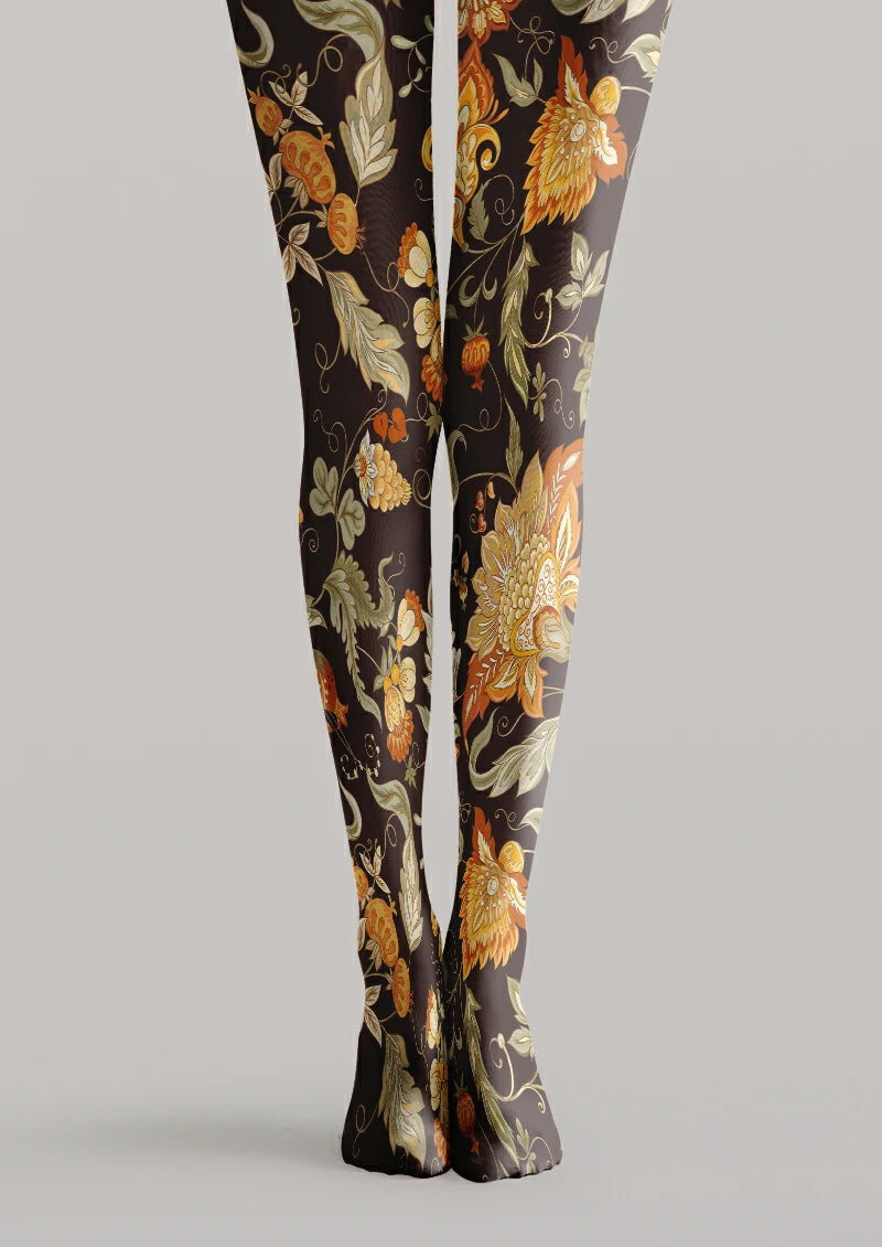 Brown printed tights with ornate orange flowers, curling vines, and muted green leaves