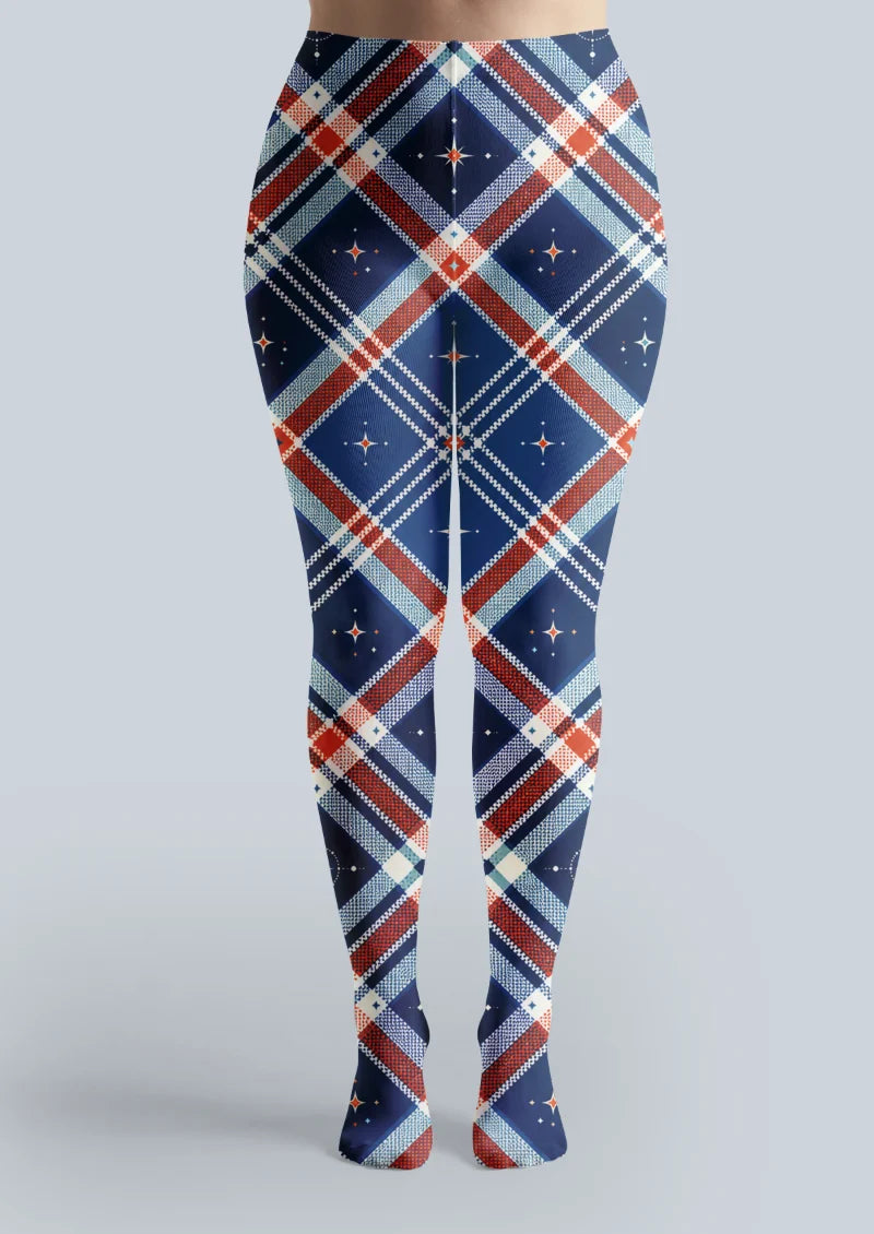 Navy Red Plaid Tights