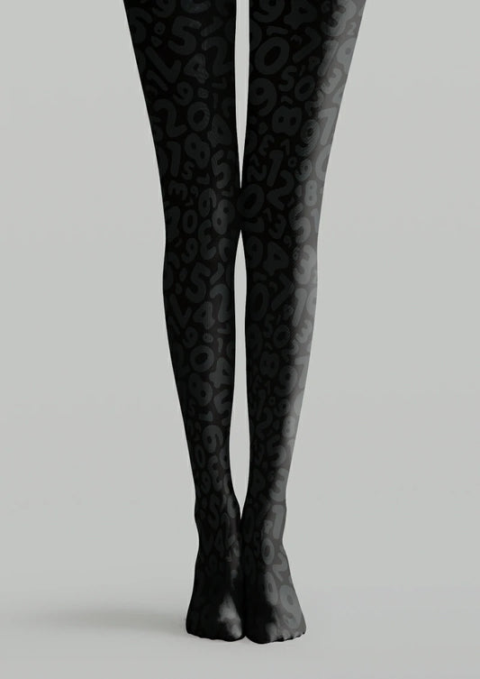 Black printed tights with an allover pattern of dark gray numbers, symbols, and rounded typographic forms