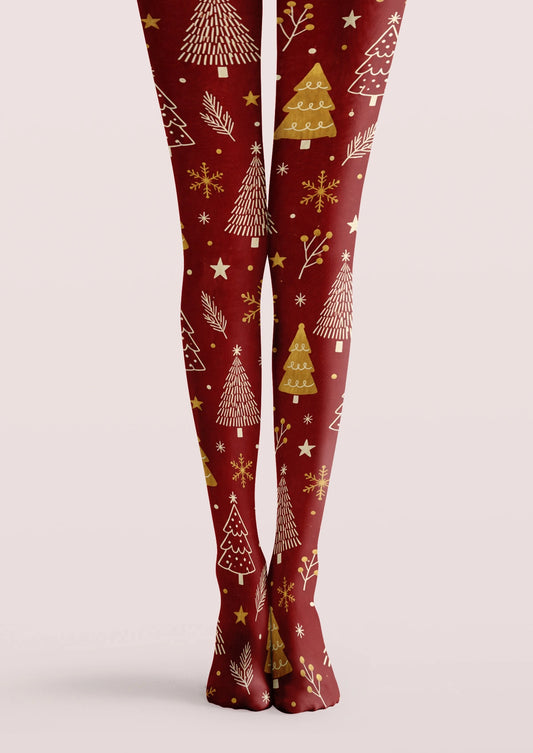 Red Gold Christmas Tree Snowflakes Tights