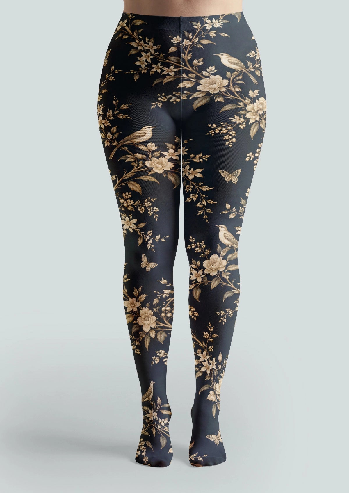 Black Swallows And Flowers Tights