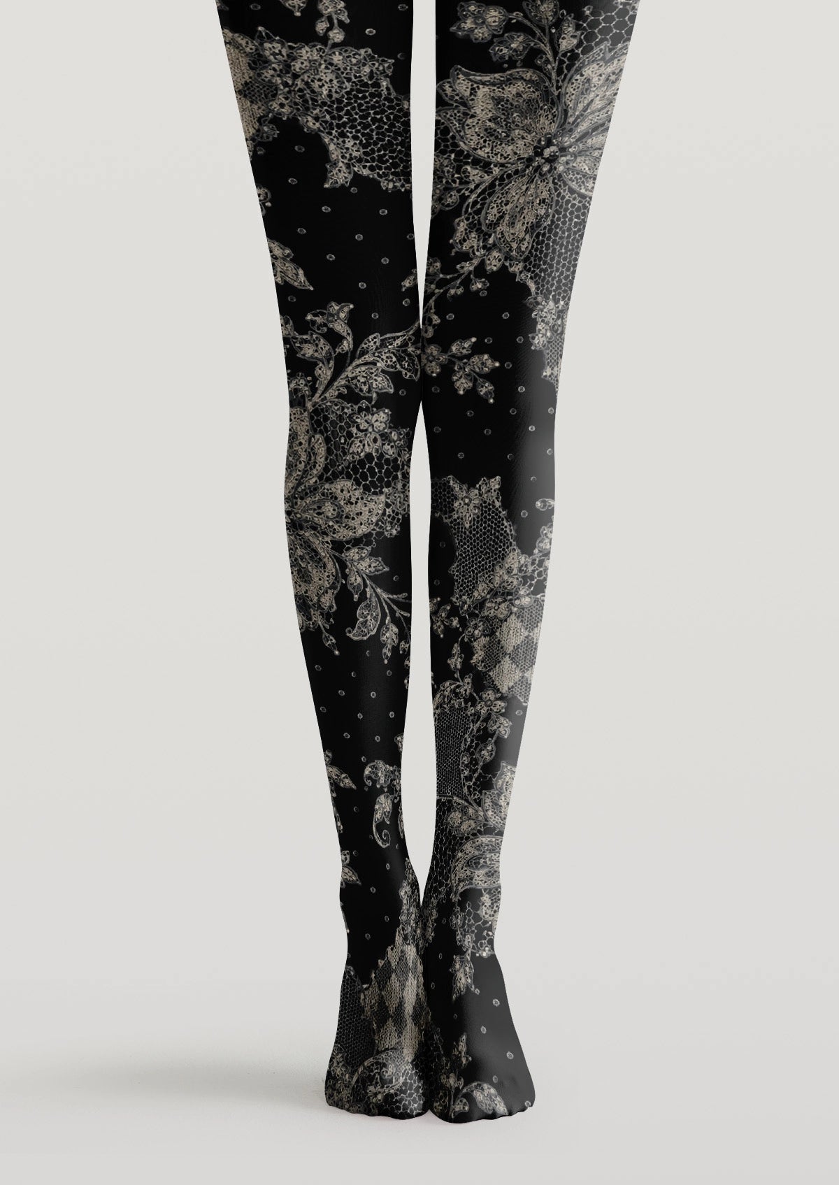 Black Polka Dot And Lace Pattern Patchwork Tights
