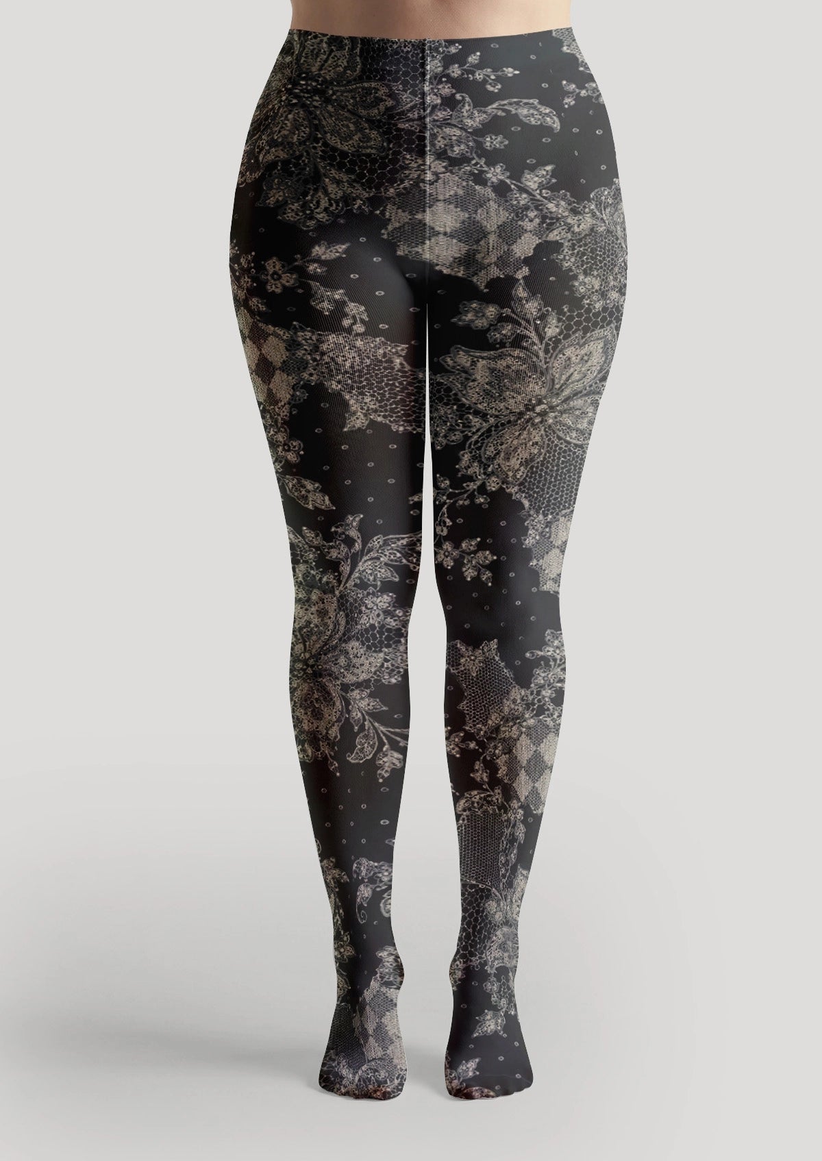 Black Polka Dot And Lace Pattern Patchwork Tights
