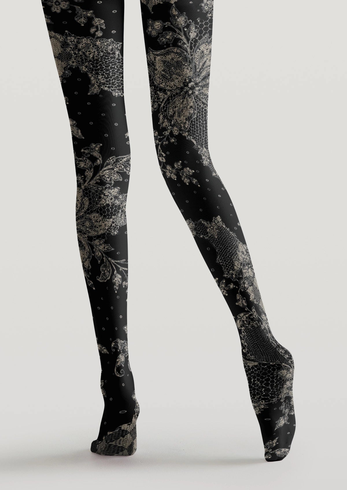 Black Polka Dot And Lace Pattern Patchwork Tights
