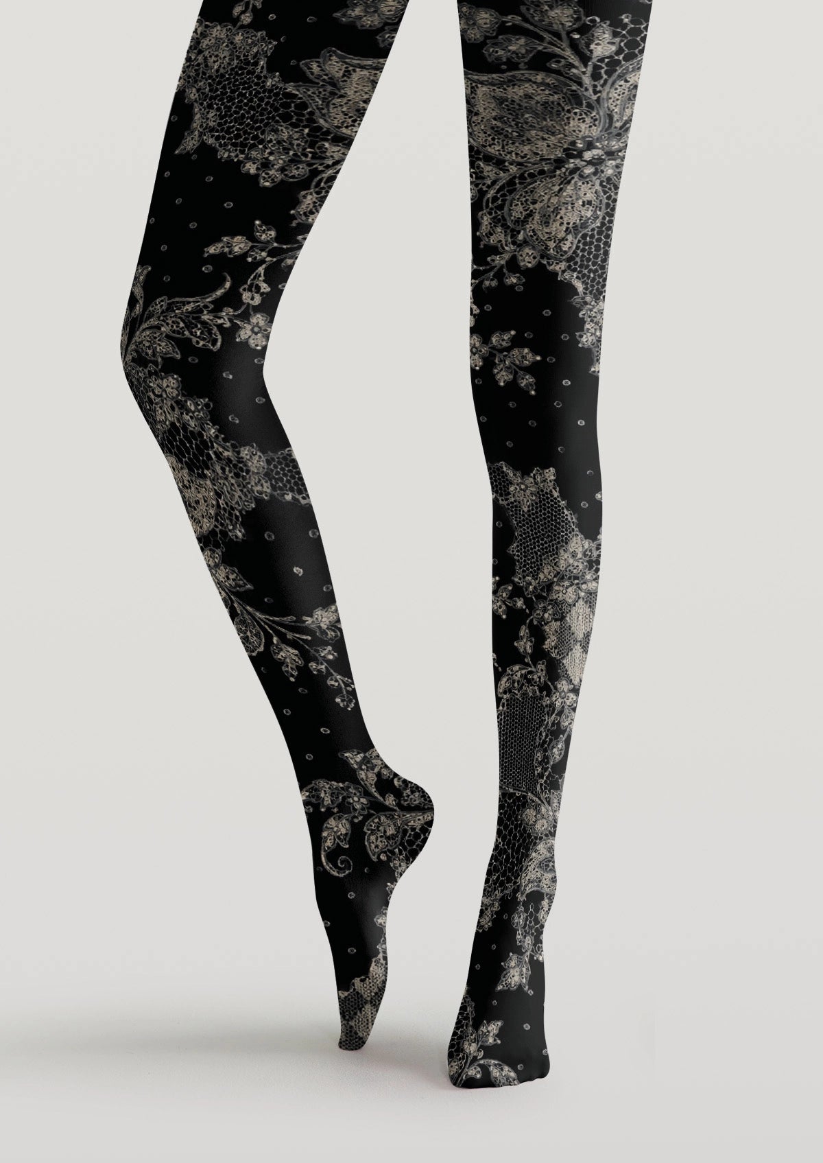 Black Polka Dot And Lace Pattern Patchwork Tights