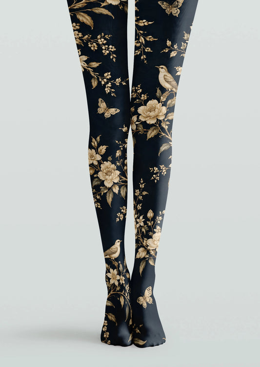 Black Swallows And Flowers Tights