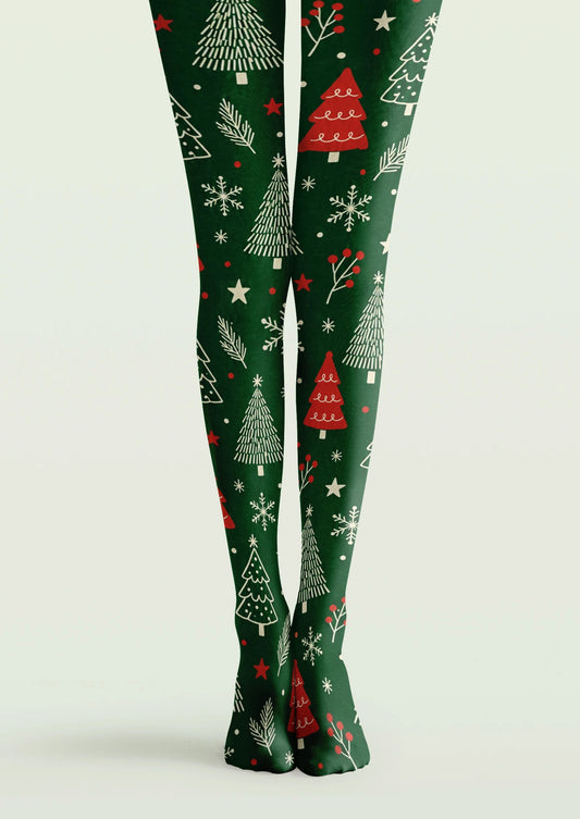 Green Christmas Tree Snowflakes Tights