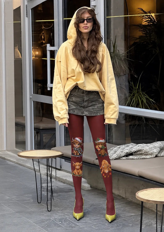 Burgundy Christmas Highland Cow Tights