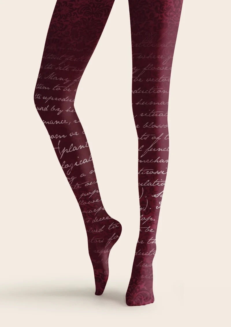 Burgundy Cursive Script Floral Tights