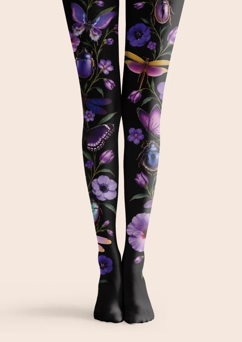 Black tights with purple flowers, green leaves, butterflies, beetles, and dragonflies