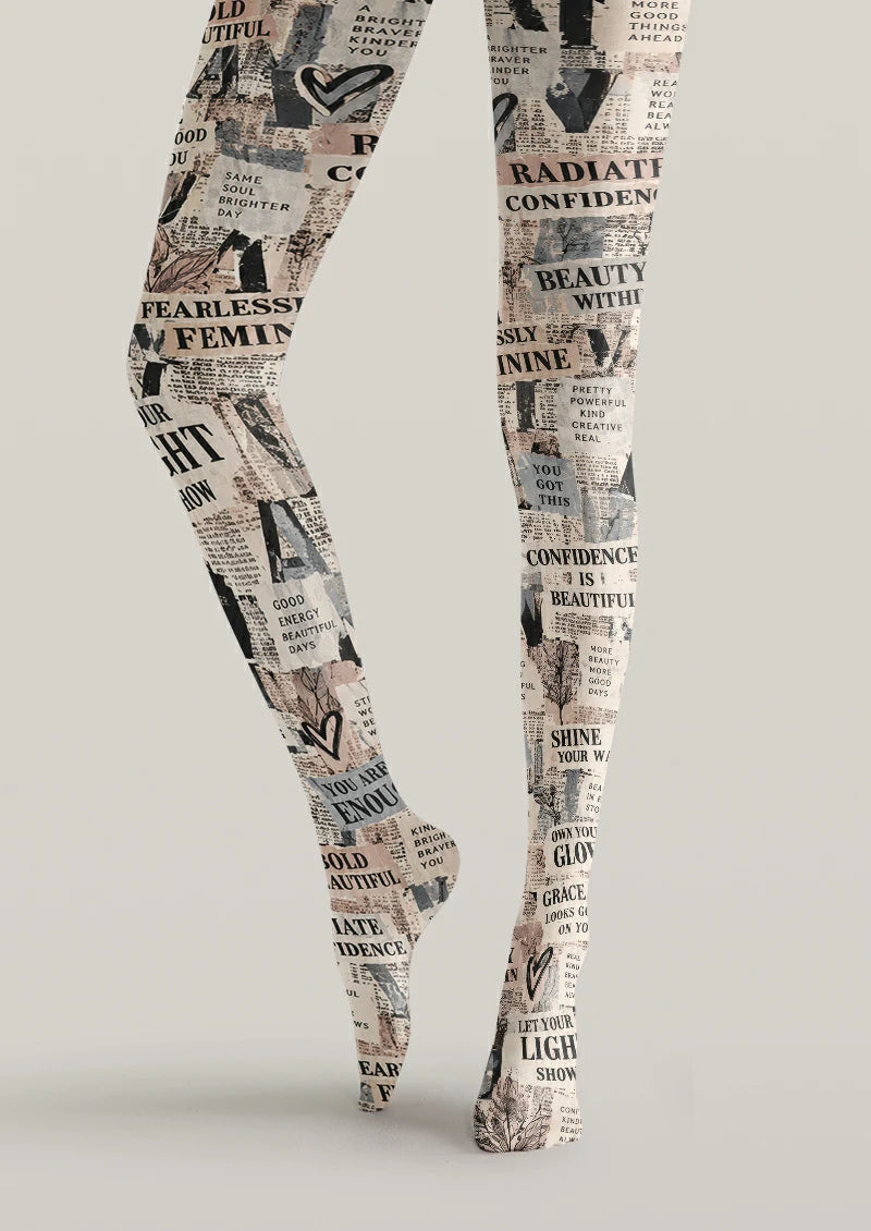 Beige Newspaper Collage Tights