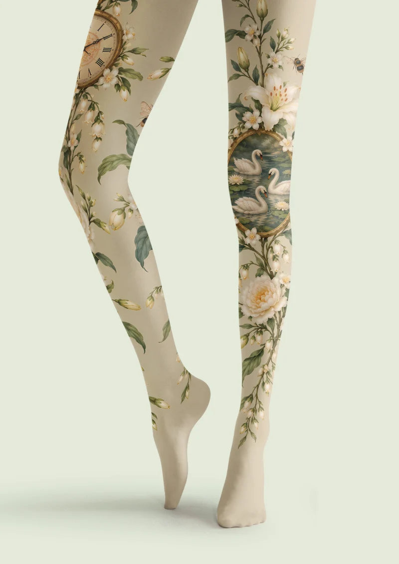 Beige Swan and Pocket Watch Tights