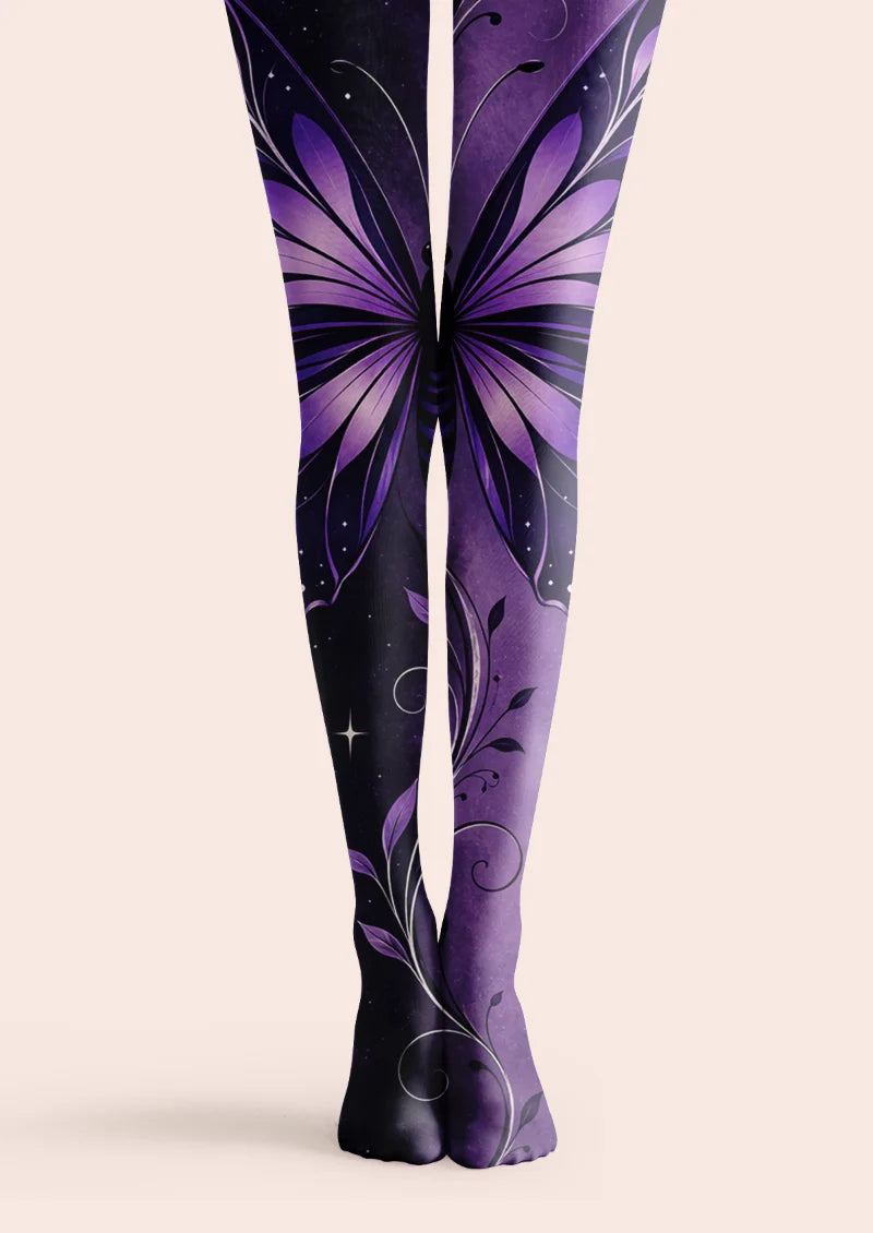Purple and black tights with oversized butterfly wings, curling leafy vines, and pale starburst details.