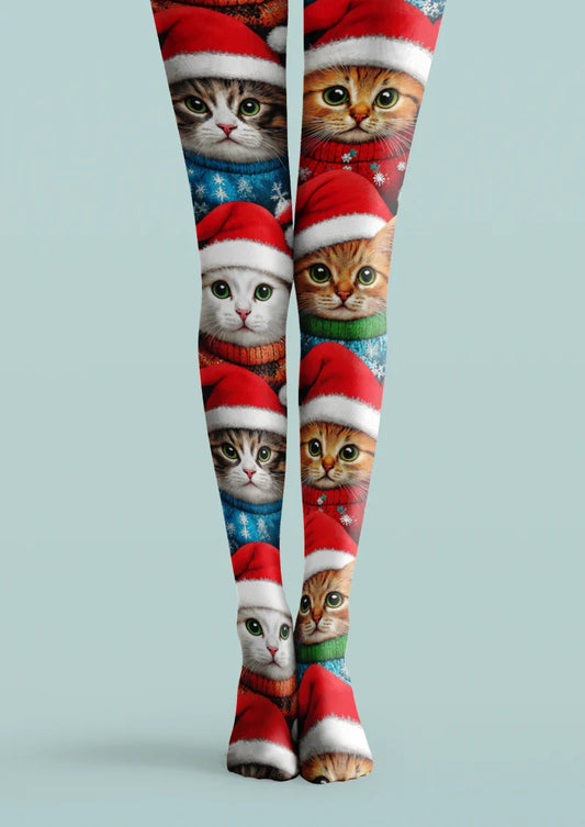 Red printed tights with cats in Santa hats, winter sweaters, and snowflake details