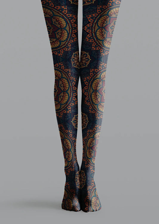 Navy printed tights with orange mandala sections, blue outlines, purple details and repeating circular medallions.