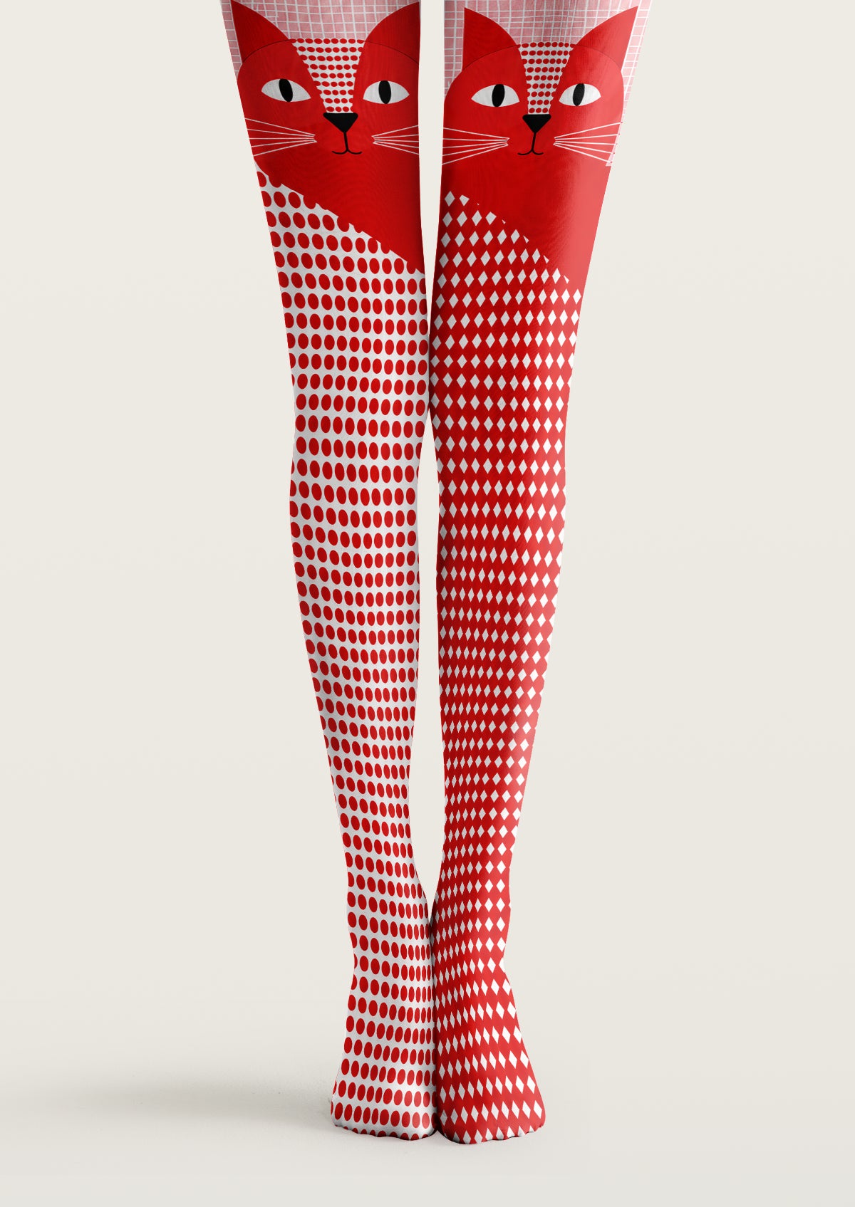Red printed tights with cat face illustrations, black and white details, dotted patterns, and geometric grid elements.