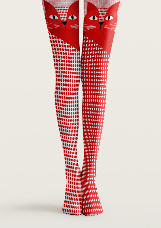 Red printed tights with cat face illustrations, black and white details, dotted patterns, and geometric grid elements.