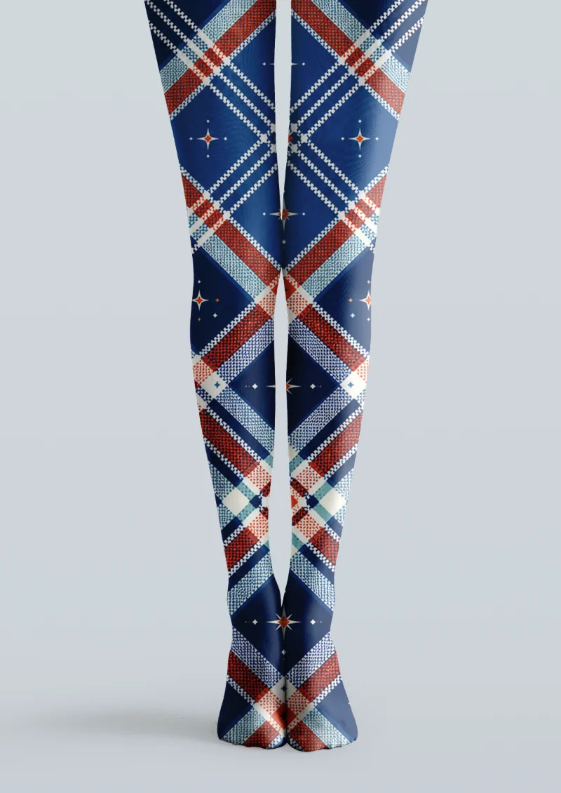 Navy printed tights with red and blue plaid checks and small star-like accents arranged across both legs