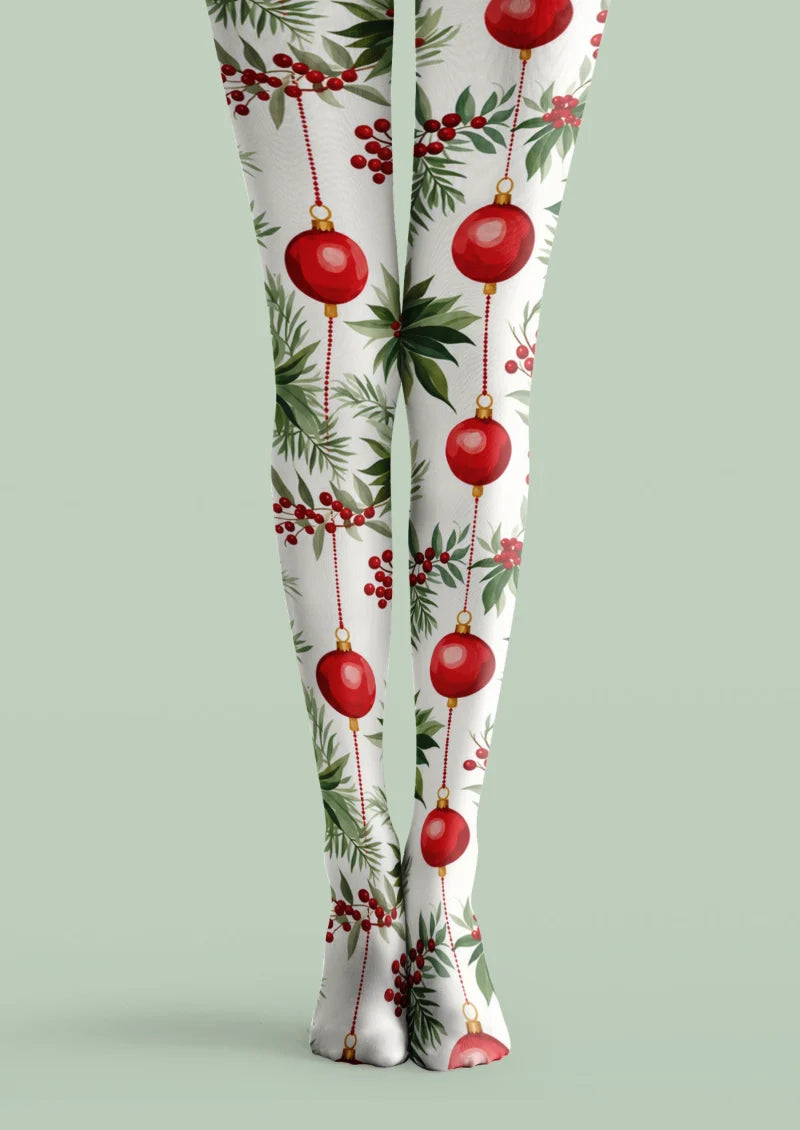 White printed tights with red Christmas baubles, berry clusters, and green evergreen foliage.