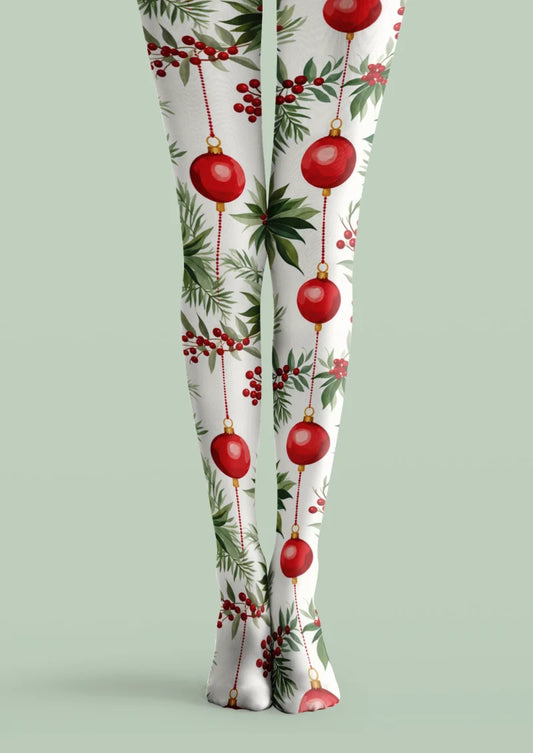 White printed tights with red Christmas baubles, berry clusters, and green evergreen foliage.