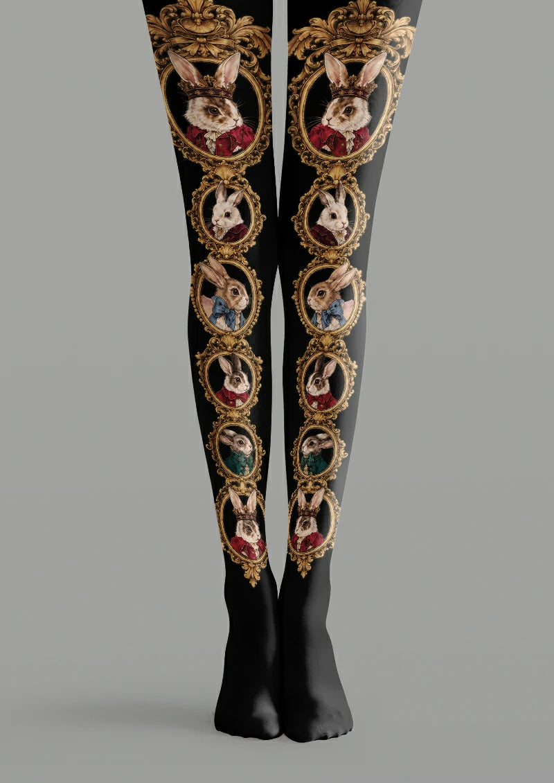Black printed tights with rows of dressed rabbit portraits in ornate bronze-coloured oval frames, including crowned rabbits.